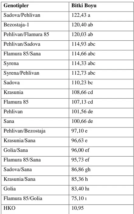 Çizelge 4.2. Genotiplerin bitki boyuna iliĢkin önemlilik grupları 