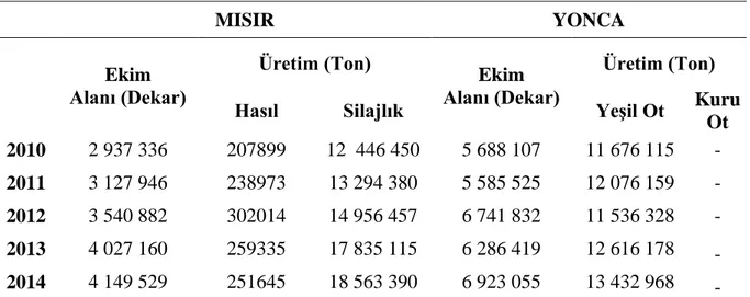 Çizelge 2.1. Türkiye’de mısır ve yonca üretimi 
