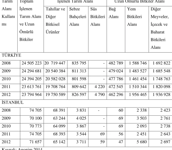 Tablo 1.4: Türkiye  ve İstanbul’da  tarım alanı kullanımı (ha) 