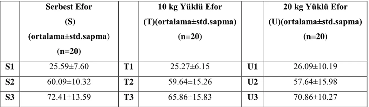 Tablo  4.8:  Serbest  Efor,  10  kg  Yüklü  Efor  ve  20  kg  Yüklü  Efor  testi  yapılan  bireylerin  1