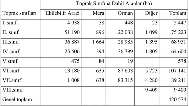 Çizelge 4.2. Ġstanbul Ġli Toprak Sınıflarına Göre Arazi Kullanım Durumu (Ġstanbul Ġl Çevre  Durum Raporu, Ġl Çevre ve Orman Tarım Müdürlüğü 2006) 