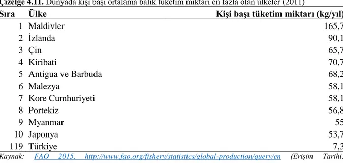 Çizelge 4.11. Dünyada kişi başı ortalama balık tüketim miktarı en fazla olan ülkeler (2011) 