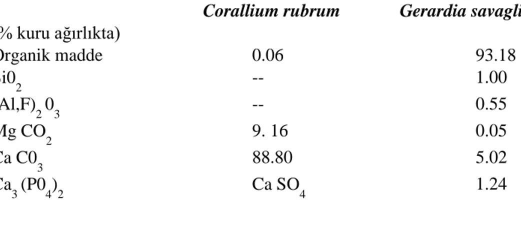Tablo 6.1. Corallium rubrum ve gerardia savaglia mercanlarının iskelet içerikleri 