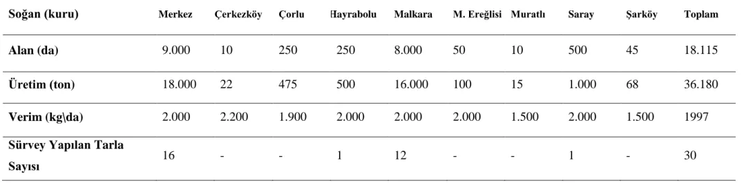 Çizelge 1.2. 2010 Tekirdağ İli soğan üretimi verileri ve sürvey yapılan alan sayısı. 
