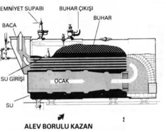 Şekil 1.1 Alev- duman borulu buhar kazanı (Temir 2009). 