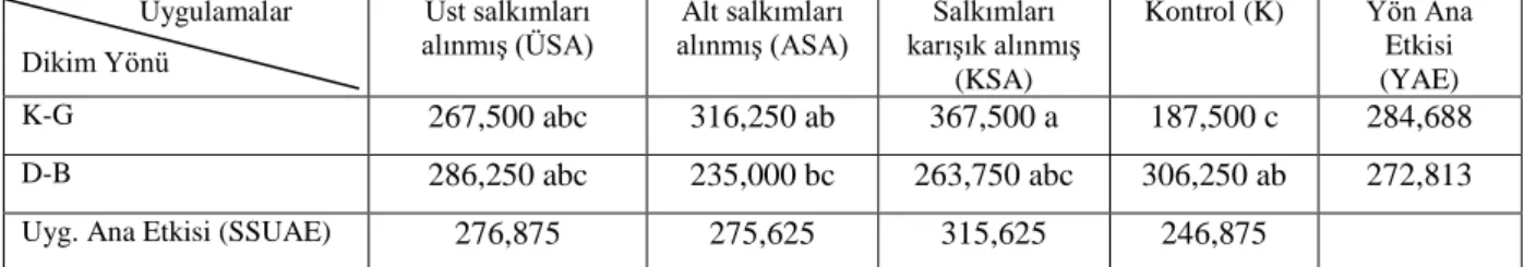 ġekil 4.2.4.1. Dikim yönü ve salkım seyreltme uygulamalarının salkım hacmi üzerine etkileri