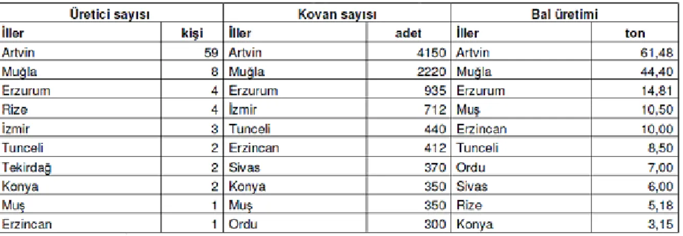 Tablo 1.2.4: Türkiye‟de 2008 Yılında Organik Arı Üretici, Kovan Sayısı ve Bal Üretimi 