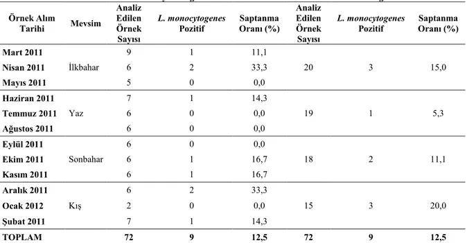Çizelge  4.2. Şubat  2011 - Ocak  2012  Dönemlerinde Alınan  Örneklerde L.  monocytogenes Varlığının Aylık ve Mevsimsel Değerlendirilmesi