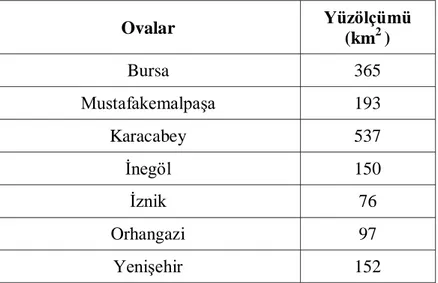 Çizelge 3.1. Bursa ilinin en önemli ovaları ve yüzölçümleri (Anonim 2012e). 