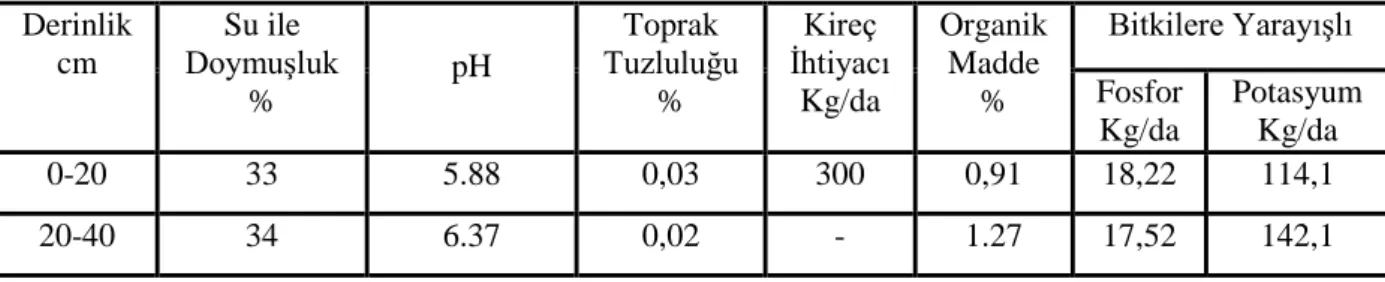 Çizelge 3. 1. 1. Araştırma Yerinin Toprak Analizi Sonuçları 