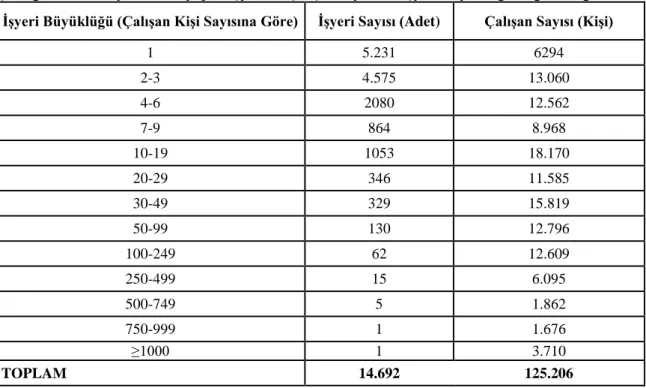 Çizelge 2.3 Mobilya imalatı yapan işyeri ve çalışan sayısının işyeri büyüklüğüne göre dağılımı   İşyeri Büyüklüğü (Çalışan Kişi Sayısına Göre)  İşyeri Sayısı (Adet)  Çalışan Sayısı (Kişi) 