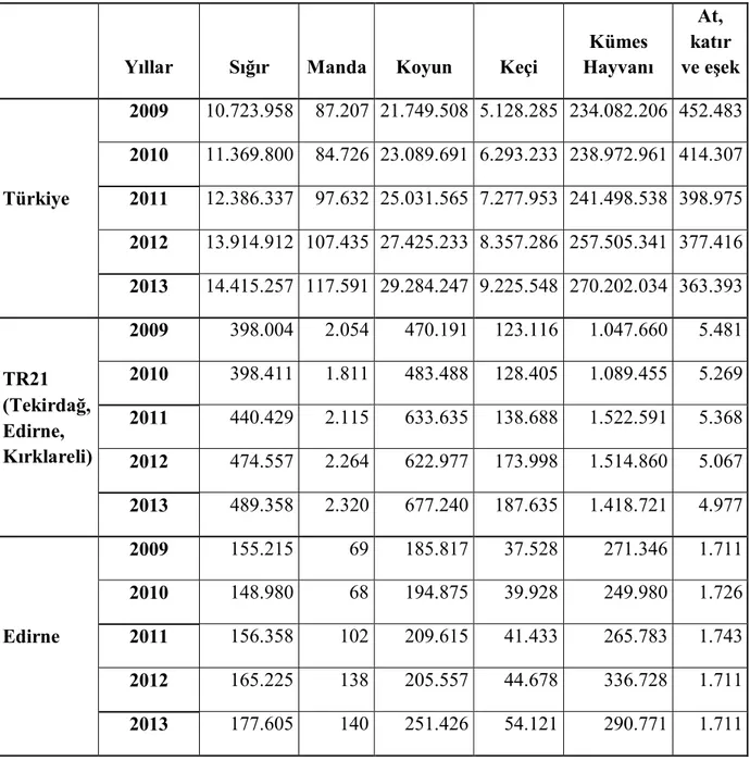 Çizelge  3.14.  Yıllar  İtibariyle  Türkiye,  Edirne  ve  Trakya  Bölgesinde  Canlı  Hayvan  Varlığı  (Anonim 2013a) 