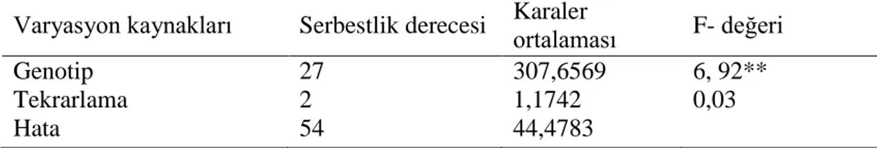 Çizelge  4.1.  Ekmeklik  buğday  genotipleri  arasında  7x7  yarım  diallel  melezleme  ile  elde  edilen  21  F 2   kombinasyonu  ve  ilgili  7  anaçtan  oluşan  toplam  28  genotip  ile 