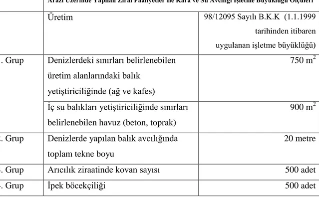 Çizelge 6.1  Arazi Üzerinde Yapılan Zirai Faaliyetlerde ĠĢletme Büyüklüğü Ölçüleri  Arazi Üzerinde Yapılan Zirai Faaliyetler Ġle Kara ve Su Avcılığı ĠĢletme Büyüklüğü Ölçüleri 