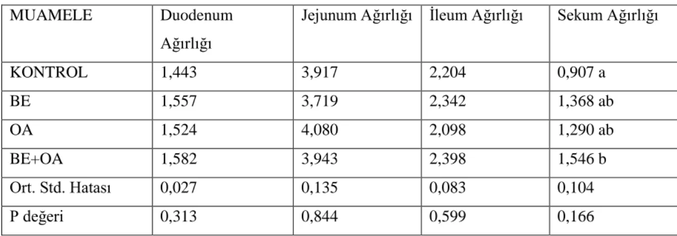 Çizelge 4.2.2. 21. gün sindirim kanalı ağırlıkları (g/100 g CA) 