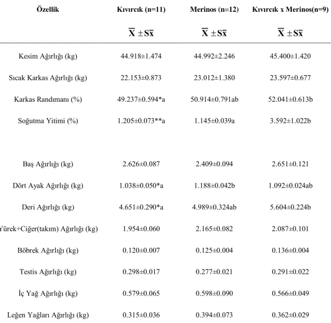 Çizelge 4.Kıvırcık, Merinos ve Kıvırcık x Merinos Melezi Erkek Kuzuların Kesim Özellikleri  Özellik  Kıvırcık (n=11)  X  S x Merinos (n=12) XSx Kıvırcık x Merinos(n=9) XSx Kesim Ağırlığı (kg)  44.918±1.474  44.992±2.246  45.400±1.420 