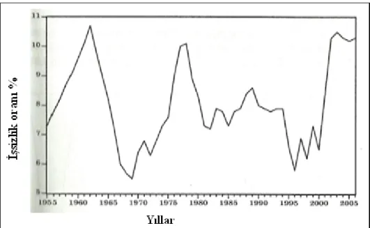 Şekil 2.1: 1955-2006 yıllarına ait işsizlik oranı