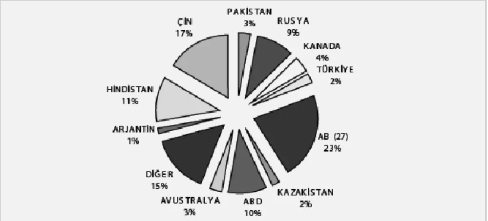 ġekil 1. Dünya buğday üretimi ve önemli üretici ülkeler (Bin ton)  (Anonim 2008). 