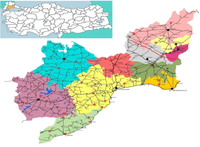 ġekil 3.1. Örnek alınan noktalar iĢaretli Tekirdağ Ġl haritası (Anonim 2014e) 