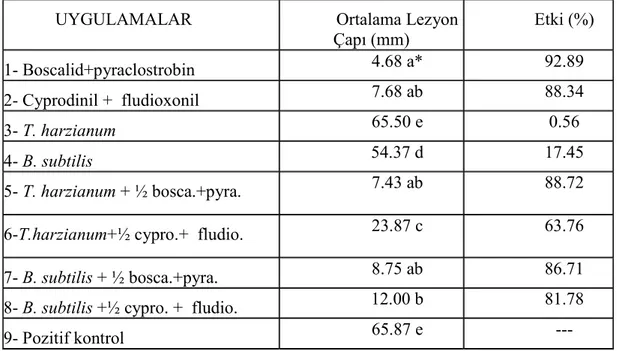 Çizelge 4.1. Yaprak testine ait ortalama lezyon çapı ve etki değerleri (%) 