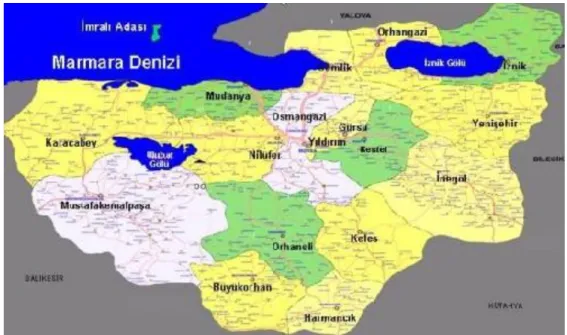 ġekil 3.1. AraĢtırma Alanı olan Bursa‟nın haritası (Anonim 2009a) 