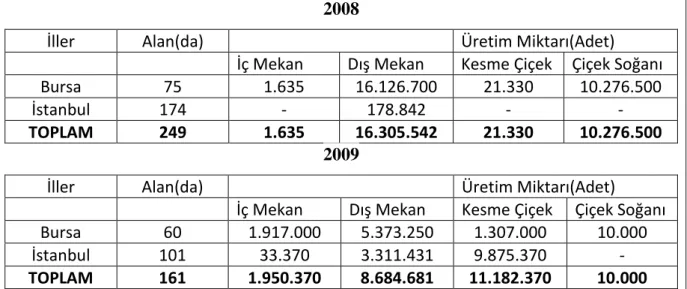 Çizelge 1.11.  Bursa ve İstanbul’da süs bitkileri  (2008-2009) (Kaynak: Şahin 2011) 