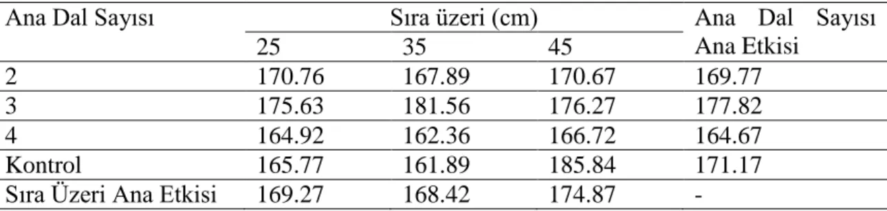Çizelge  4.6.  Sıra  üzeri  ve  ana  dal  sayısı  ile  bunların  interaksiyonunun  ortalama  tek  meyve  ağırlığı üzerine etkisi (g) 