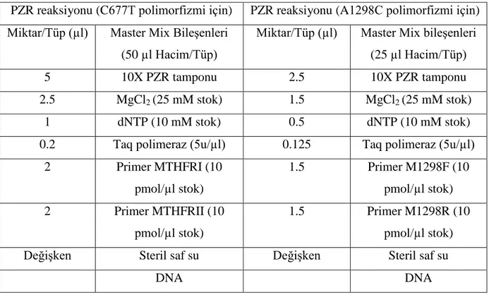 Çizelge 3.3. Her iki polimorfizm için PZR reaksiyon protokolü 