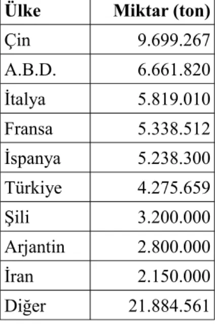 Çizelge 5.3 En çok üzüm üreten ülkeler (2012) (Anonim 2014a)