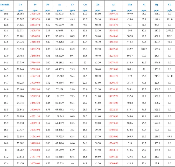 Çizelge 5.1 : Küçükkuyu (Çanakkale) Deniz Sedimanlarının Ağır Metal Dağılımı (ICP-OS datası) 