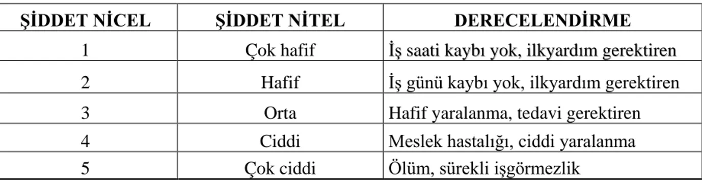 Çizelge 3.5.  Şiddet derecesi (Andaç 2009) 