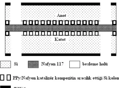 Şekil 2.13.  Yakıt hücrelerinde kullanılan Si temelli membran-elektrot-şematik diyagramı 