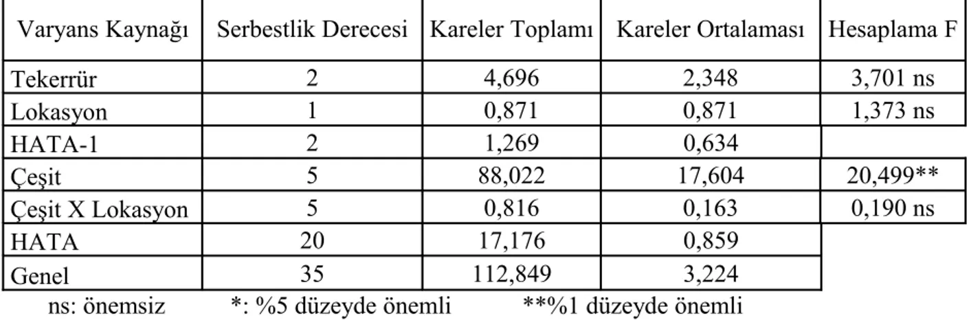 Çizelge 4.3.1 Çakmak ve Saçlımüsellim Köyü Lokasyonlarında Bitkide Meyve Sayısına  İlişkin Varyans Analiz Tablosu