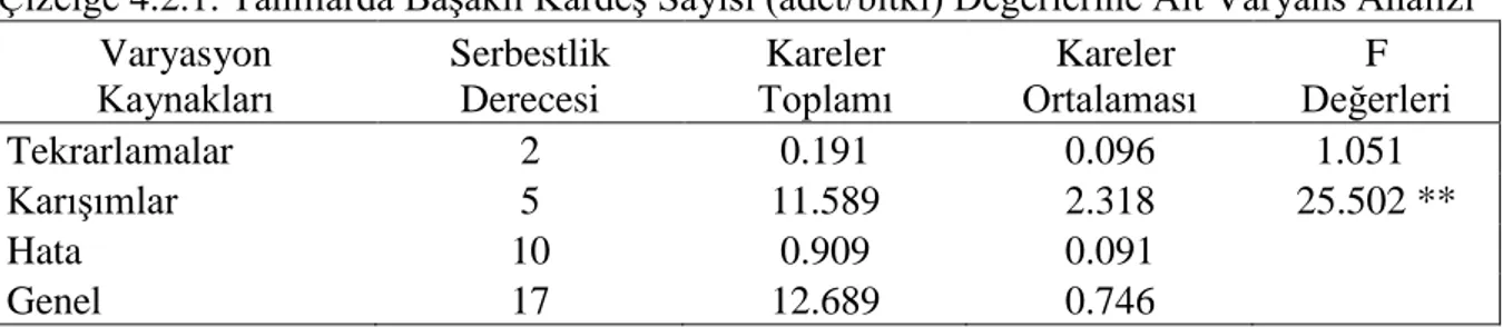 Çizelge 4.2.1. Tahıllarda Başaklı Kardeş Sayısı (adet/bitki) Değerlerine Ait Varyans Analizi  Varyasyon 