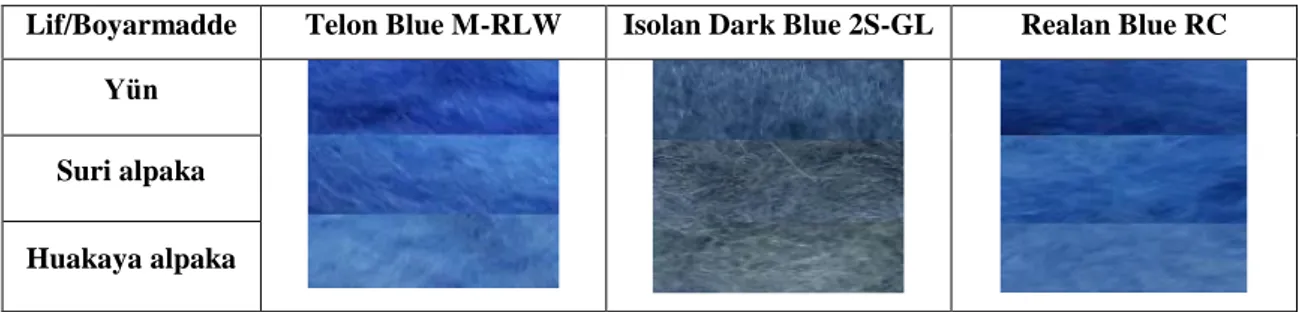 Çizelge 4.2: Çeşitli boyarmadde sınıflarıyla boyanmış numunelere ait fotoğraflar  Lif/Boyarmadde  Telon Blue M-RLW  Isolan Dark Blue 2S-GL  Realan Blue RC 
