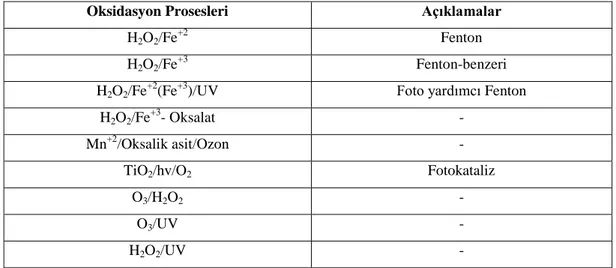 Çizelge 2.13. İleri oksidasyon prosesleri (Ekizoğlu 2008) 