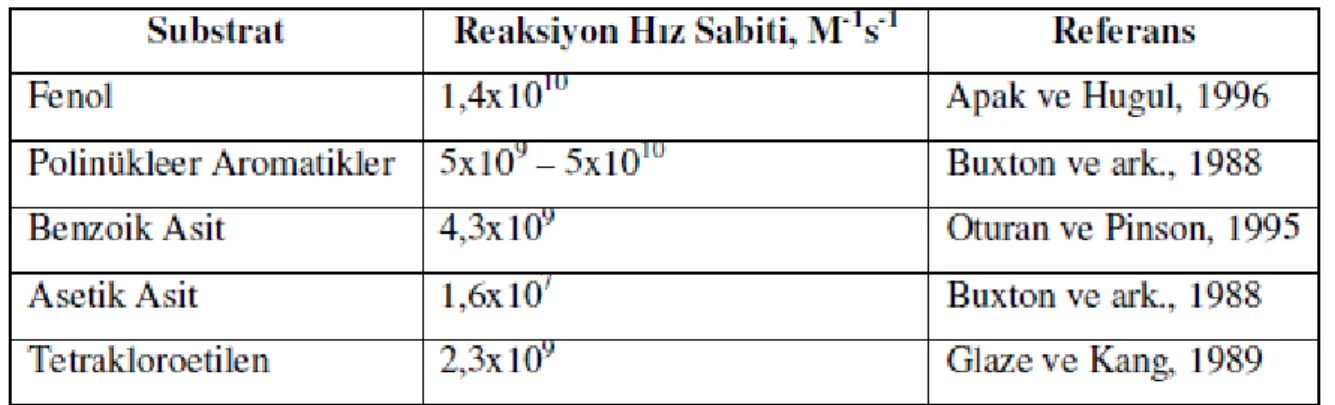 Çizelge 3.2:  Bazı maddelerin hidroksil radikalleri ile olan reaksiyonlarının hız sabitleri 