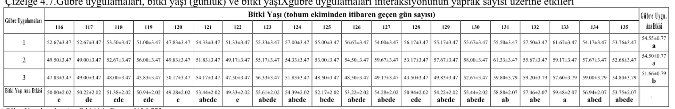 Çizelge 4.7.Gübre uygulamaları, bitki yaşı (günlük) ve bitki yaşıXgübre uygulamaları interaksiyonunun yaprak sayısı üzerine etkileri