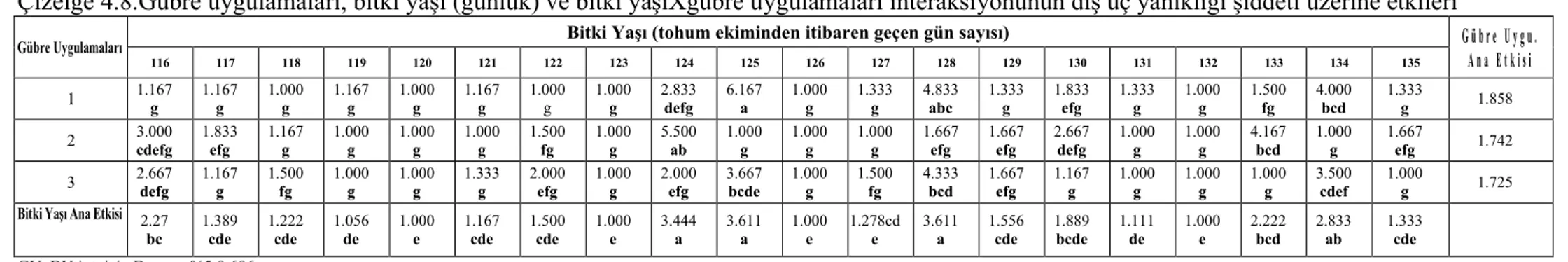 Çizelge 4.8.Gübre uygulamaları, bitki yaşı (günlük) ve bitki yaşıXgübre uygulamaları interaksiyonunun dış uç yanıklığı şiddeti üzerine etkileri