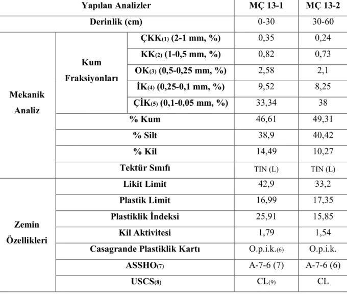 Çizelge 4.1.26. MÇ 13 No’lu Örneklerin Fiziksel ve Mühendislik Özellikleri Analiz Sonuçları 