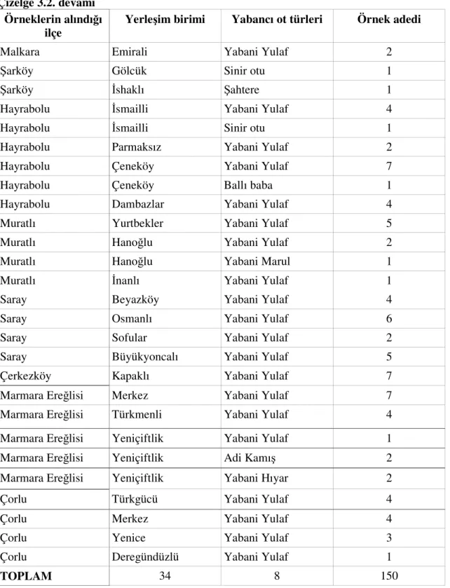 Çizelge 3.2. devamı  Örneklerin alındığı 