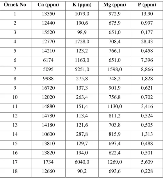 Tablo 4. 6. Örneklerin baz› makro besin elementi değerleri (ppm)  Örnek No  Ca (ppm)  K (ppm)  Mg (ppm)  P (ppm)  1  13350  1079,0  972,9  13,90  2  12440  190,6  675,9  0,997  3  15520  98,9  651,0  0,177  4  12770  1728,0  708,4  28,43  5  14210  123,2  