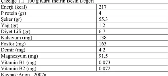 Çizelge 1.1’de kuru incirin besin değerine ilişkin bilgiler verilmiştir. 