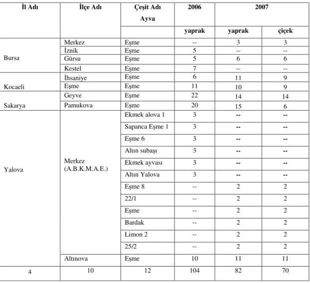 Çizelge 3.4. 2006-2007 yıllarında Bursa, Kocaeli, Sakarya ve Yalova’dan toplanan  