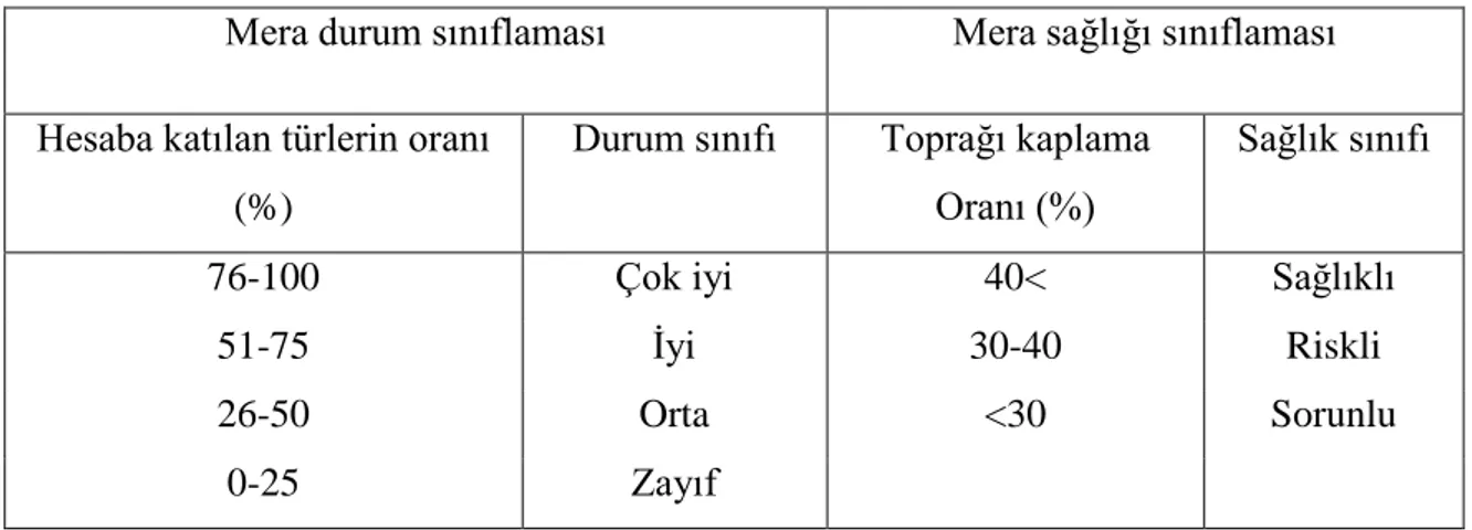 Çizelge 3.5. Mera durumu ve sağlığı sınıfı değerlendirmesi (Koç ve ark. 2003) .  Mera durum sınıflaması  Mera sağlığı sınıflaması  Hesaba katılan türlerin oranı 