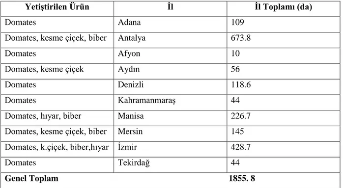 Çizelge 2.1. Türkiye’de topraksız tarımla domates yetiştiriciliği yapan iller (Bozköylü 2008) 