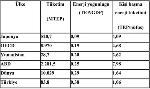 Çizelge 2.1. 2004 yılı verileriyle Türkiye’nin enerji yoğunluğunun seçilmiş ülke ve ülke  grupları ile karşılaştırılması (Çağlar, 2007) 