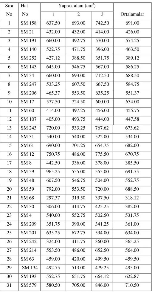 Çizelge  4.1.3.  Araştırmada  kullanılan  kendilenmiş  hatlara  ait  bitkilerin  yaprak  alanı  ölçüm  değerleri (cm 2 ) ve basit istatistiki analiz sonuçları 