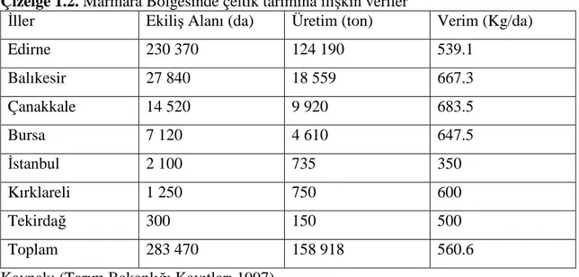 Çizelge 1.2. Marmara Bölgesinde çeltik tarımına ilişkin veriler 