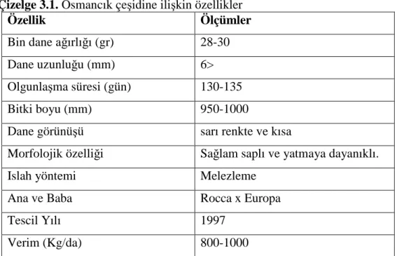 Çizelge 3.1. Osmancık çeşidine ilişkin özellikler  